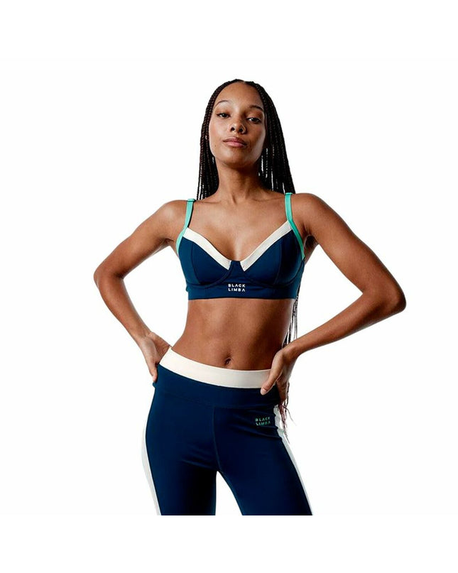 Black Limba women's black and blue sport top, ideal for fitness and outdoor dance activities, shown on a model.