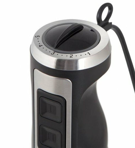 Orbegozo hand blender in white and black with 800W and 1000W power, showing the sleek design and blending attachments.