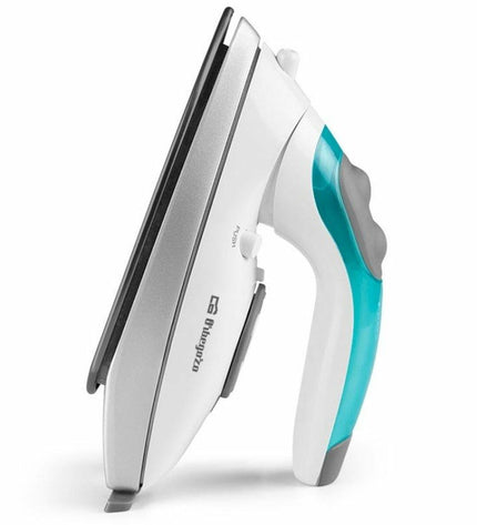 Orbegozo SV 1020 steam iron with 1100W power, white and blue design, shown on a ironing board for house and cooking use.