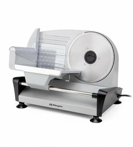 Orbegozo Snijmachine 18067, 150W compact electric slicer for home cooking, with stainless steel blade and control knob.