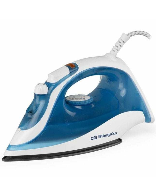 Orbegozo 18146 steam iron with 2000W power, shown on a flat surface, featuring a sleek design and adjustable steam control.