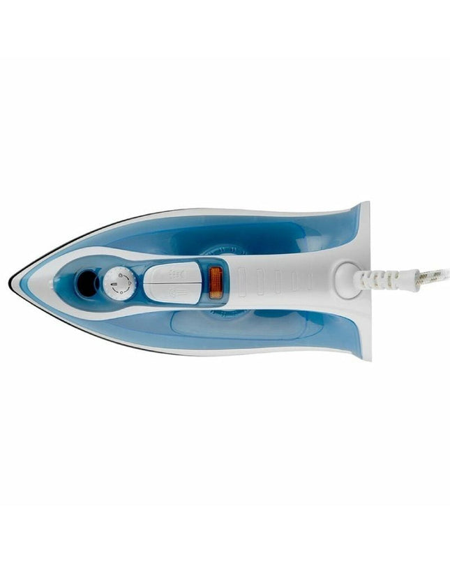 Orbegozo 18146 steam iron with 2000W power, white and gray color, showing steam soleplate and ergonomic handle.