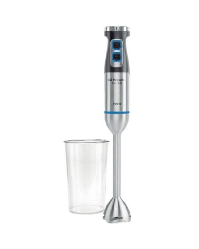 Orbegozo 18428 hand blender with ergonomic handle and blending attachment, suitable for kitchen and cooking tasks.