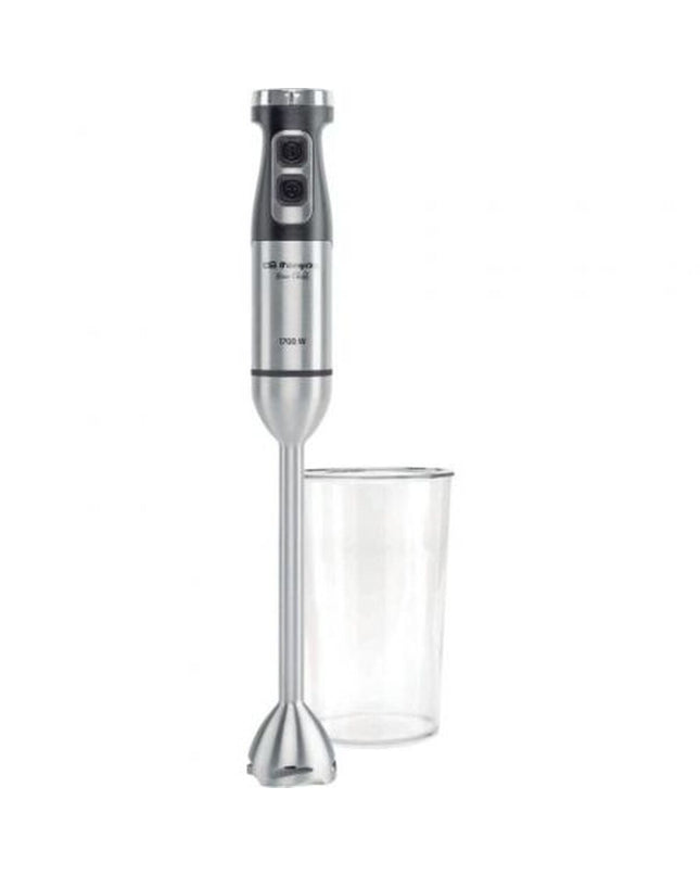 Orbegozo BT 6017 XL hand blender with 1700W power, showcasing its sleek design and blending attachments in a kitchen setting.