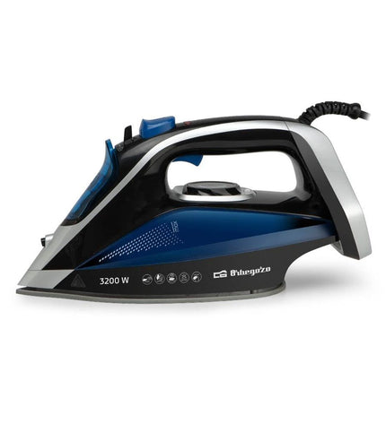 Blue Orbegozo 18434 steam iron with ergonomic handle and water reservoir, suitable for household clothing ironing.