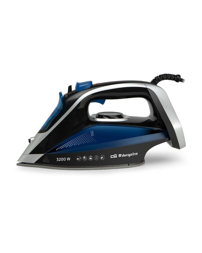 Blue Orbegozo 18434 steam iron with ergonomic handle and water reservoir, suitable for household clothing ironing.