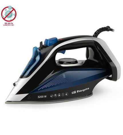 Orbegozo 18434 blue steam iron with ergonomic handle and water reservoir for household ironing tasks.