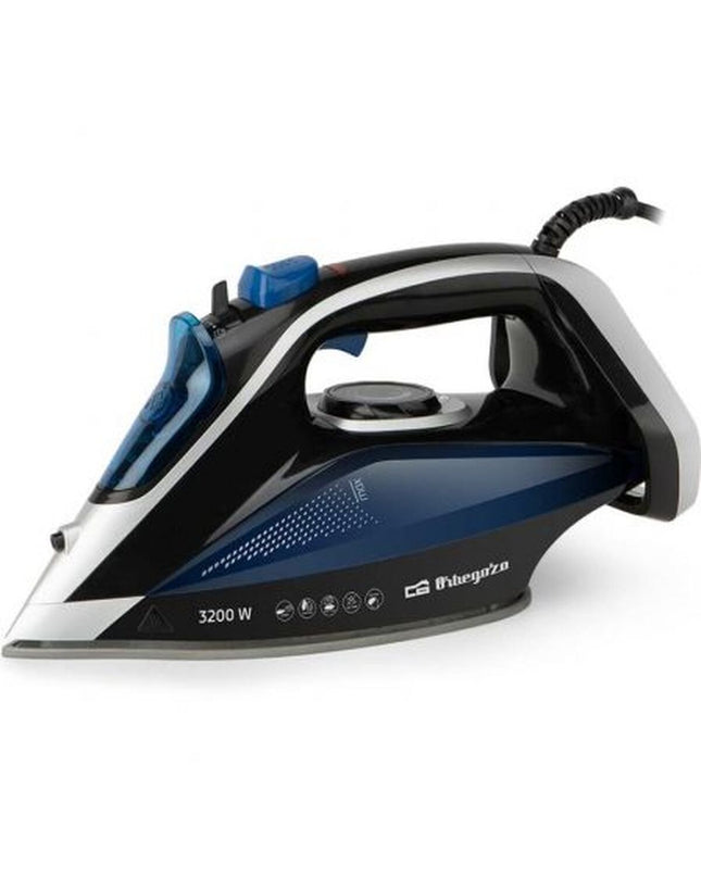 Blue Orbegozo 18434 steam iron for home and cooking, featuring a sleek design with a water tank and ergonomic handle.