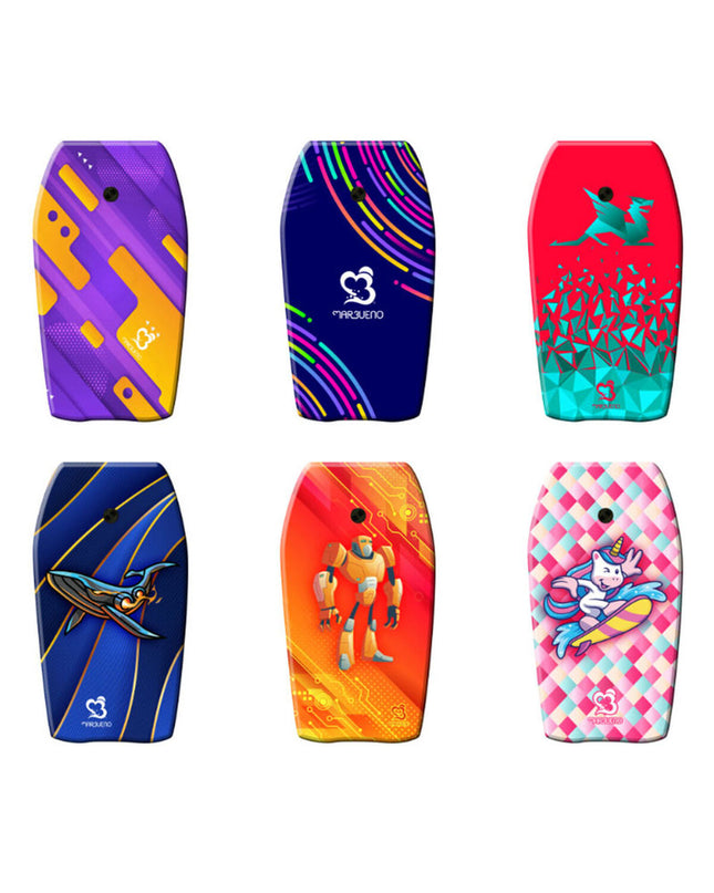 Multicolour Marbueno bodyboard for watersports, measuring 68 x 43 cm, ideal for outdoor and beach fun.