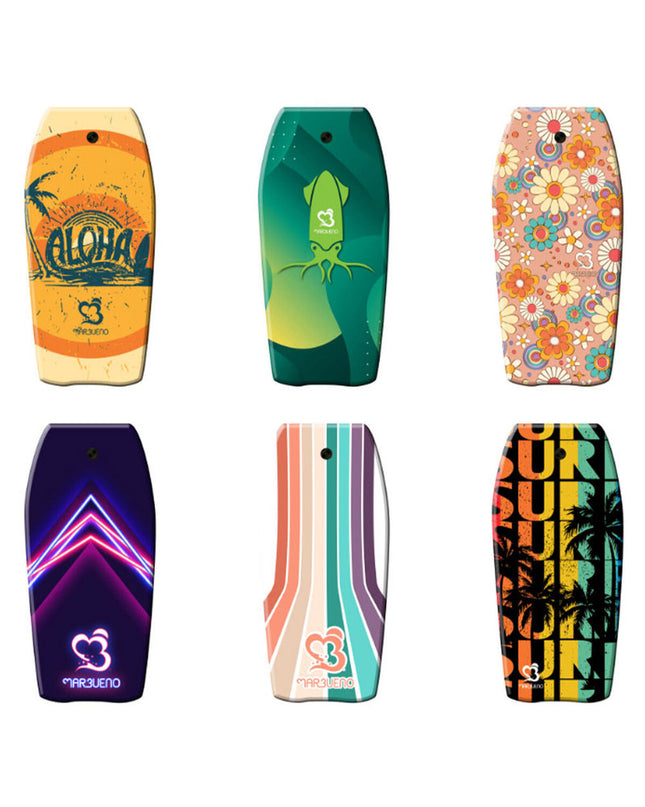 Multicolour Marbueno bodyboard with 84x44 cm size, designed for outdoor watersport fun and water riding activities.