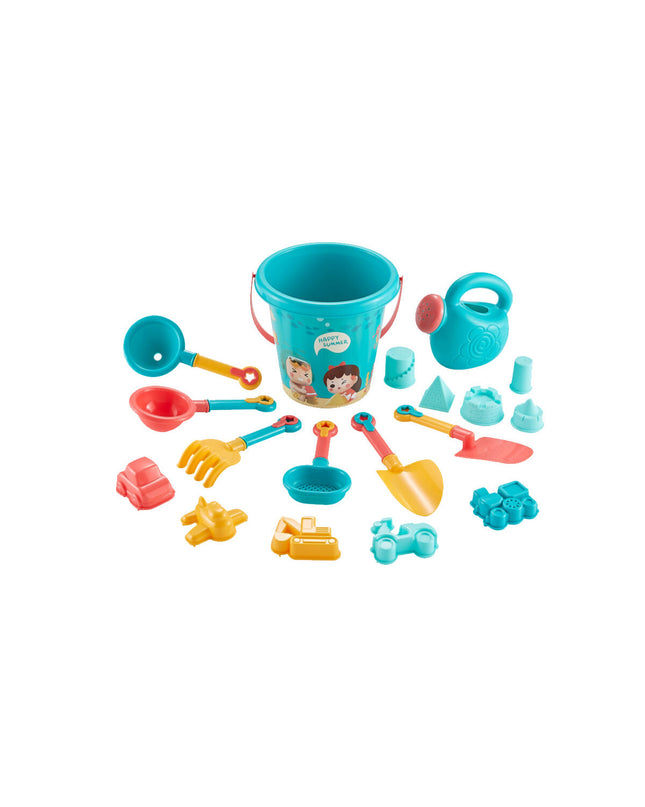 Multicolored Marbueno strandspeelgoedset with various shapes, suitable for outdoor play and sports activities.