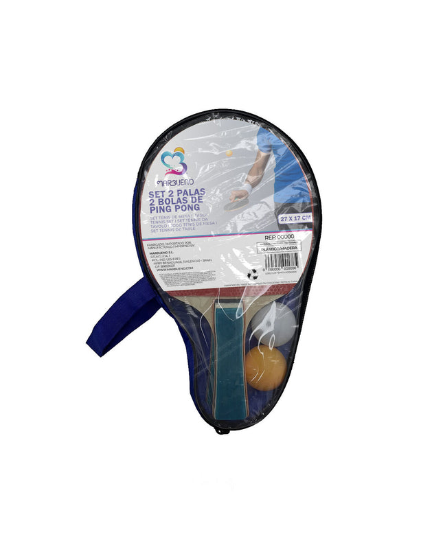 Outdoor ping pong set by Marbueno featuring paddles, balls, and a net for outdoor table tennis play.
