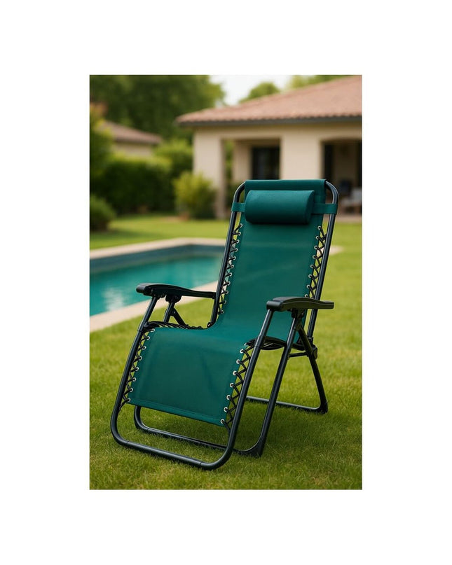 Green Marbueno folding chair for camping and outdoor activities, measuring 90 x 108 x 66 cm, lightweight and portable.