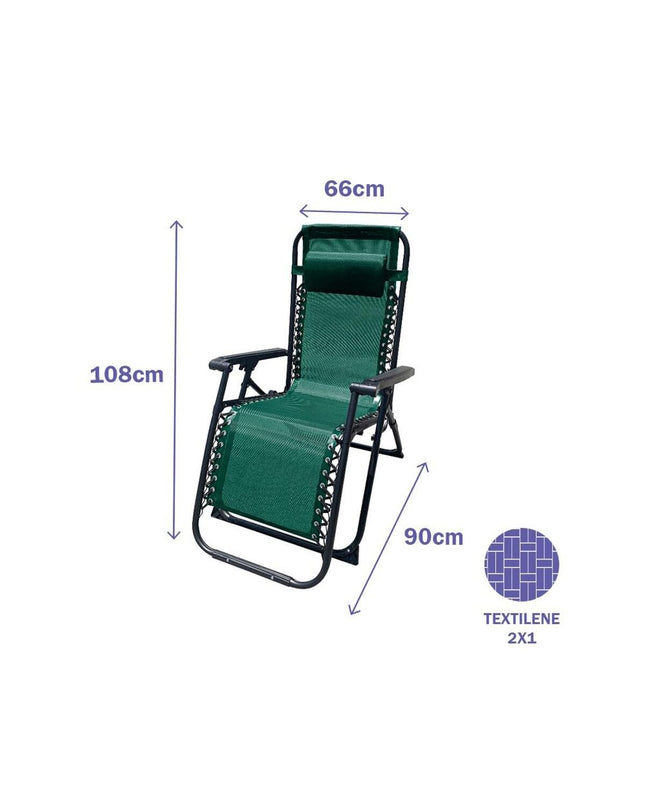 Green Marbueno folding chair for outdoor activities, measuring 90 x 108 x 66 cm, suitable for camping and hiking.