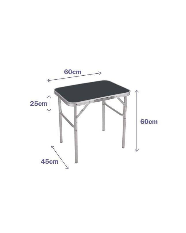 Gray Marbueno folding table for camping and outdoor activities, measuring 60x60x45 cm, lightweight and portable.