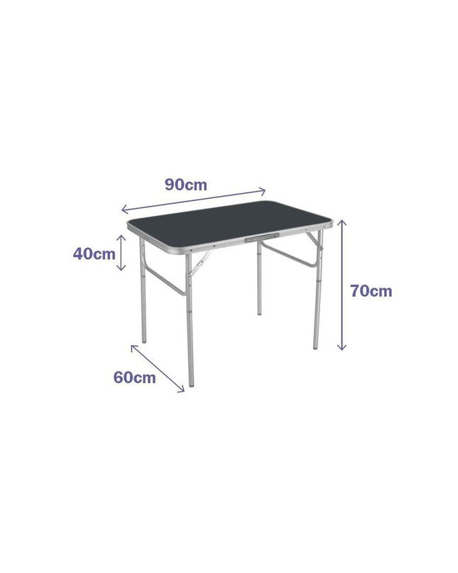 Gray Marbueno folding table for camping and outdoor activities, measuring 90x70x60 cm, sturdy for outdoor use.