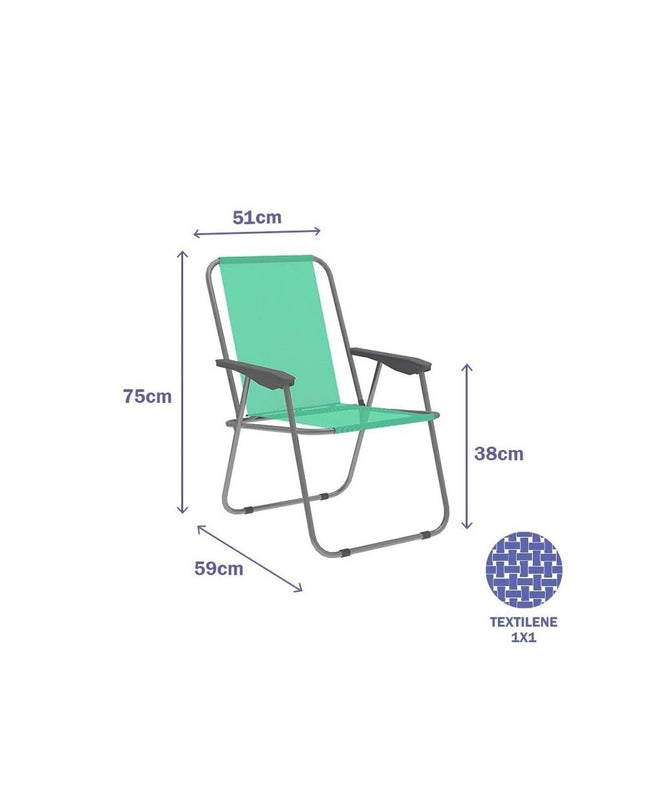 Marbueno collapsible green camping chair with armrests, measuring 59x75x51 cm, suitable for outdoor activities and hiking.