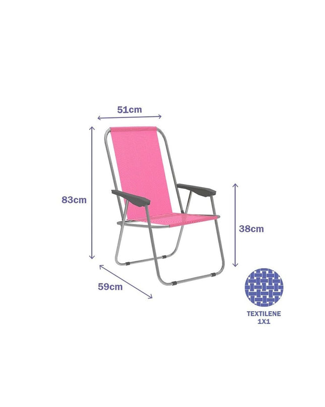 Pink Marbueno folding chair for outdoor camping and hiking, measuring 59x83x51 cm, lightweight and portable for outdoor activities.