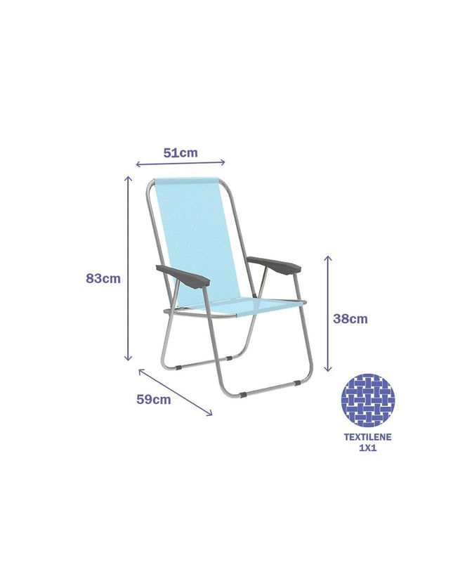 Blue foldable Marbueno camping chair with 59x83x51 cm dimensions, suitable for outdoor, camping, and hiking activities.