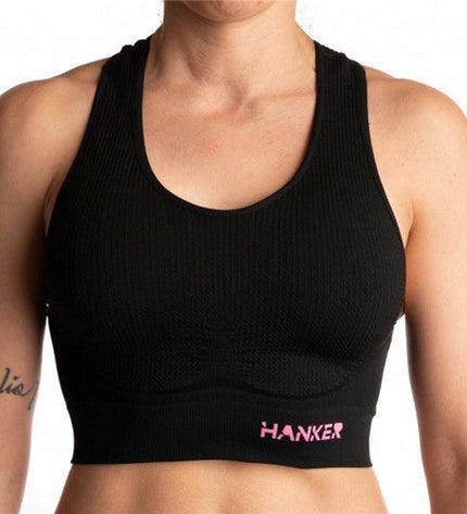Black Hanker sport top for women, ideal for running and outdoor activities, designed for comfort during dance and fitness.