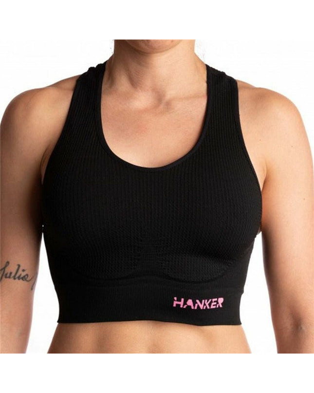Black Hanker sport top for women, ideal for running and outdoor activities, designed for comfort during dance and fitness.