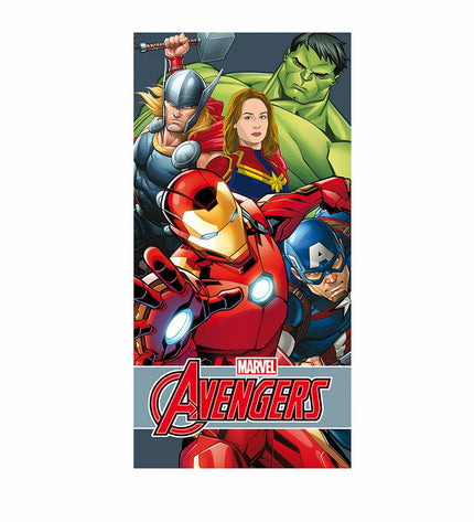 The Avengers cotton beach towel measuring 70x140 cm with Marvel superhero design, ideal for bathroom or swimming use.