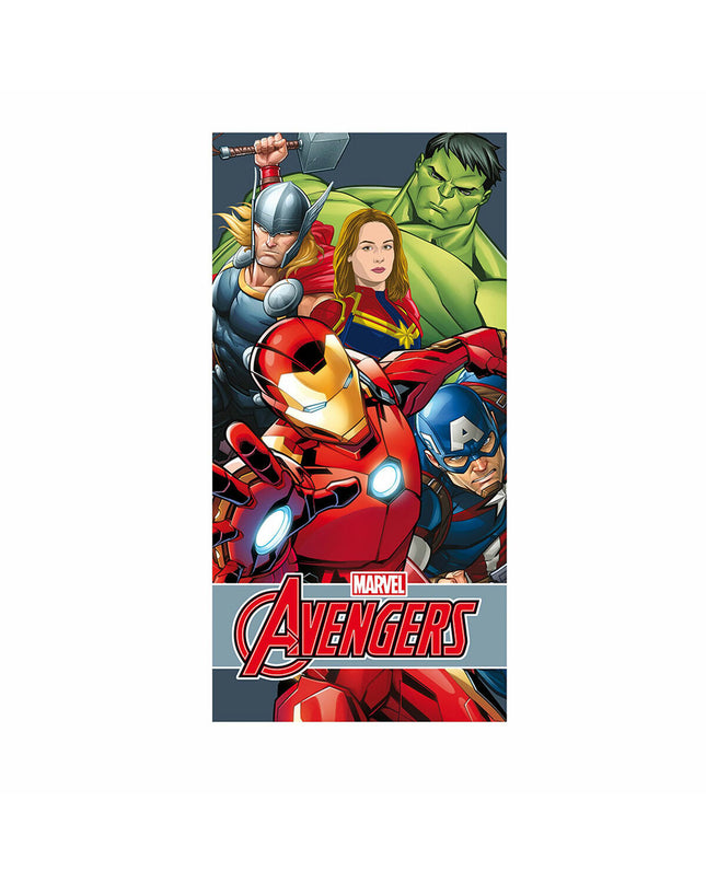 The Avengers cotton beach towel measuring 70x140 cm with Marvel superhero design, ideal for bathroom or swimming use.