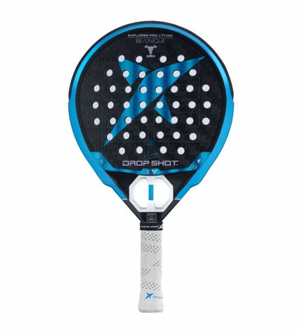 Drop Shot Explore Pro Attack padel racket in blue and black, designed for paddle tennis, with a sleek sports outdoor appearance.