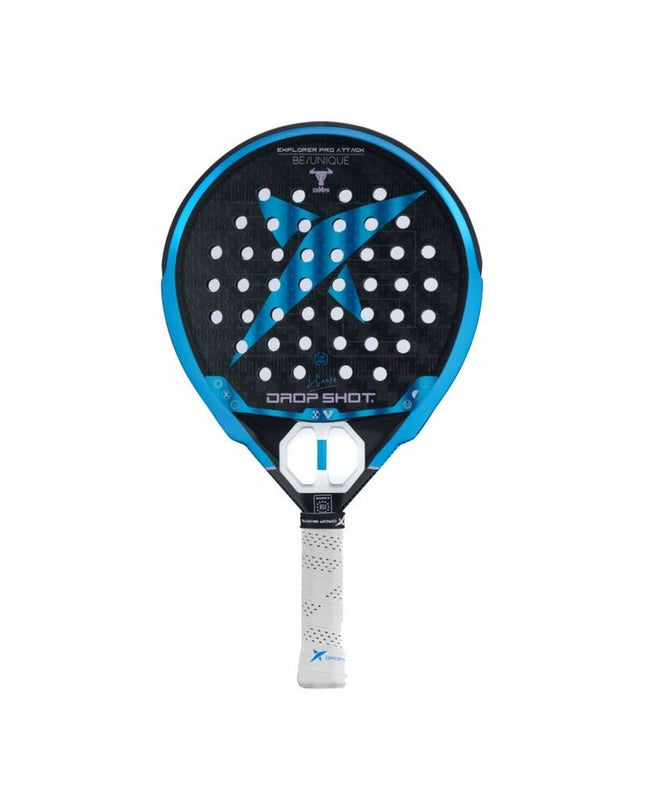 Drop Shot Explore Pro Attack padel racket in blue and black, designed for paddle tennis, with a sleek sports outdoor appearance.