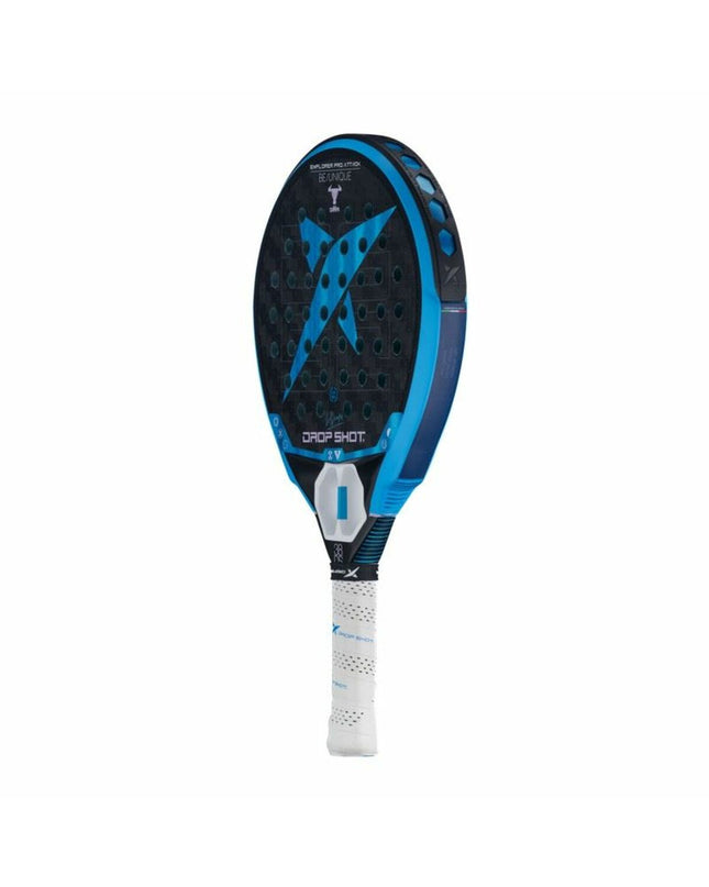 Drop Shot Explore Pro Attack Nic blue and black padel racket with ergonomic grip for outdoor paddle tennis play.