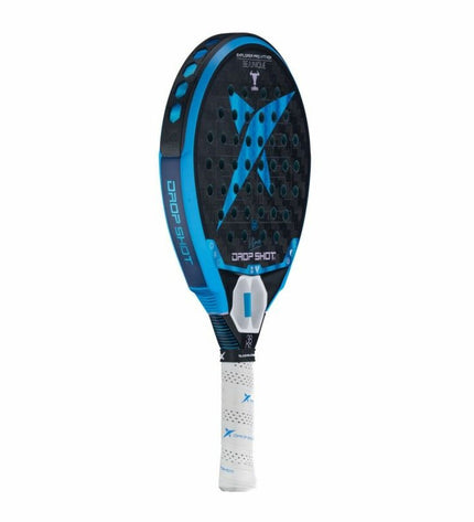 Drop Shot Explore Pro Attack Nic blue and black padel racket for outdoor paddle tennis, featuring a lightweight design and textured surface.