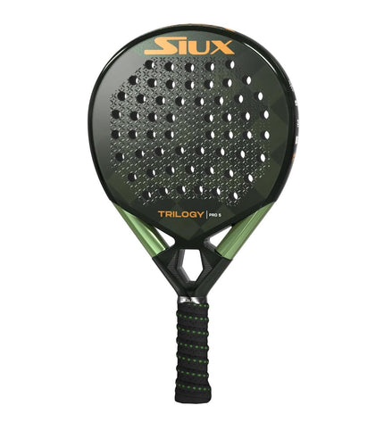 Siux Trilogy Pro 5 padel racket in black, green, and dark gray with EVA core, designed for paddle tennis outdoor play.