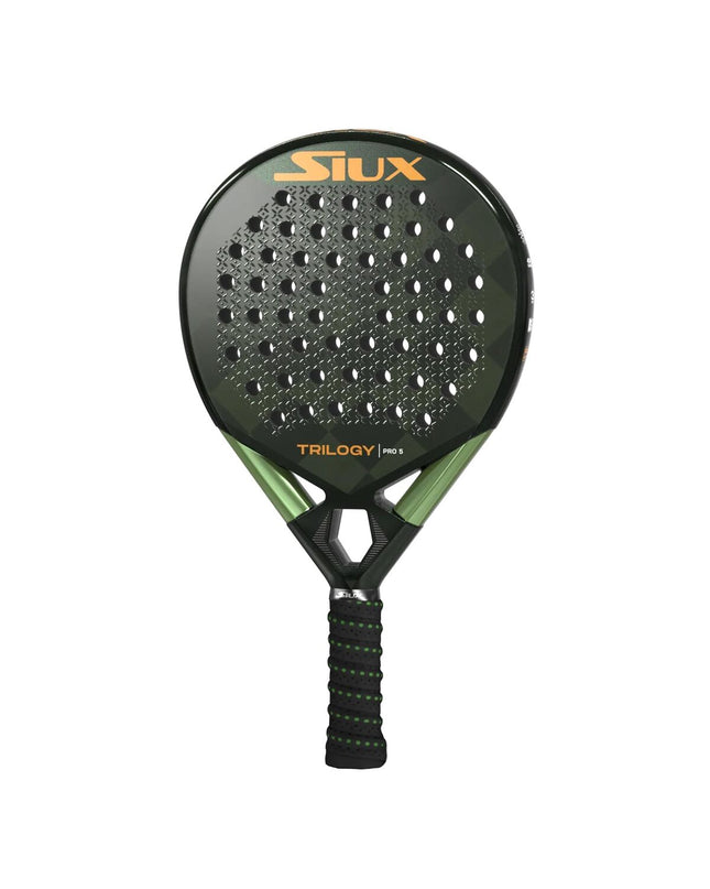 Siux Trilogy Pro 5 padel racket in black, green, and dark gray with EVA core, designed for paddle tennis outdoor play.