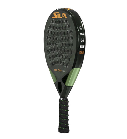Siux Trilogy Pro 5 padel racket in black, green, and dark gray with EVA core, designed for outdoor paddle tennis play.