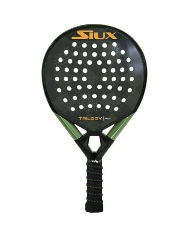 Siux Trilogy Pro 5 padel racket in black, green, and dark gray with EVA core, designed for paddle tennis and outdoor sports.