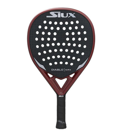 Siux Diablo Elite 4 paddle tennis racket in dark gray with red accents, featuring EVA core, for outdoor sports.