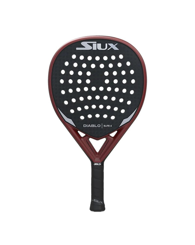 Siux Diablo Elite 4 paddle tennis racket in dark gray with red accents, featuring EVA core, for outdoor sports.