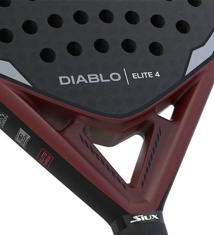 Siux Diablo Elite paddle tennis racket with dark gray and red design, featuring EVA core and ergonomic grip for outdoor play.