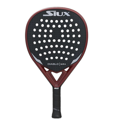 Siux Diablo Elite 4 paddle tennis racket in dark gray with red accents, featuring EVA core for outdoor sport play.