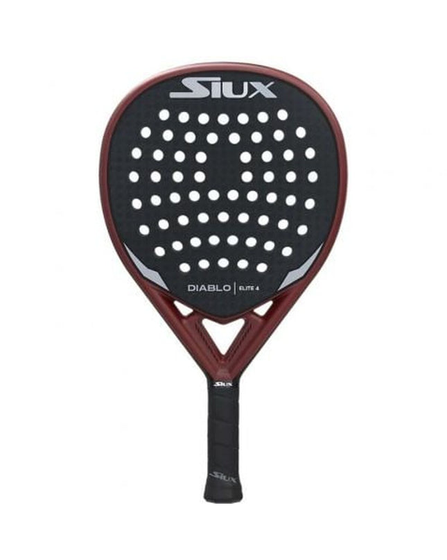 Siux Diablo Elite 4 padel racket with dark gray and red design, featuring EVA core for paddle tennis gameplay.