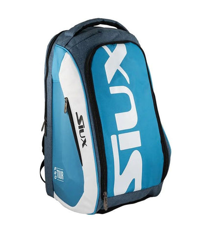 Blue Siux Pro Tour paddle tennis backpack with multiple compartments and padded straps for sport and outdoor use.