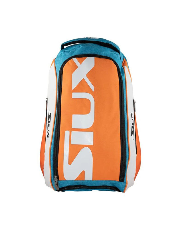 Orange Siux Pro Tour paddle tennis backpack with multiple compartments, designed for sport and outdoor use.