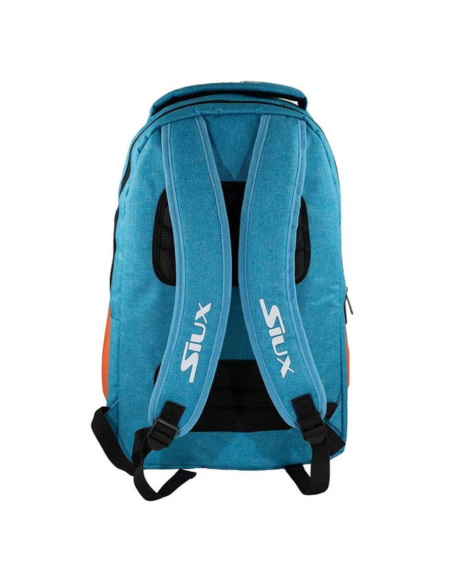 Orange Siux Pro Tour paddle tennis sport backpack with multiple compartments and padded shoulder straps.