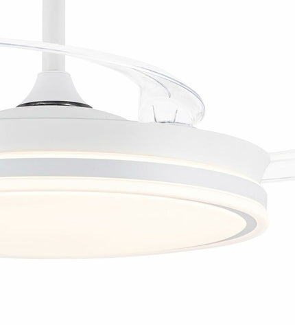 CristalRecord EVO RETRAC ceiling fan with transparent blades and 72W motor, suitable for home and kitchen cooling.