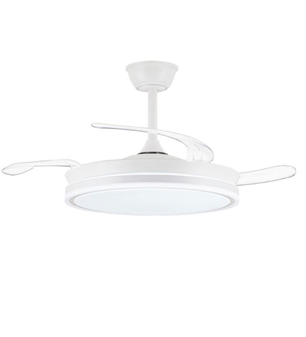 CristalRecord EVO RETRAC white ceiling fan with 72W motor, modern design, suitable for home cooling and air circulation.