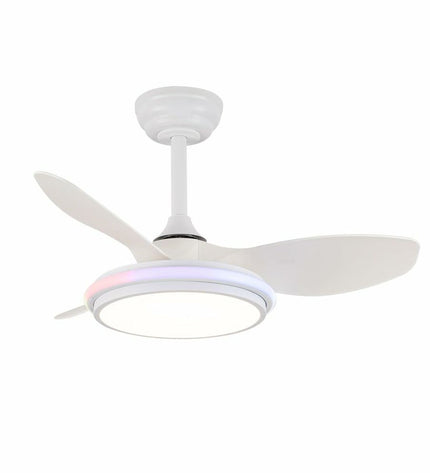 Transparent CristalRecord STEL EVO MINI RGB RETRAC ceiling fan with minimalist design, suitable for home and kitchen cooling.