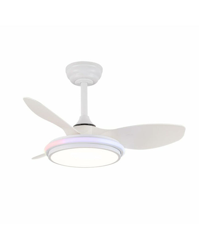 Transparent CristalRecord STEL EVO MINI RGB RETRAC ceiling fan with minimalist design, suitable for home and kitchen cooling.