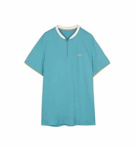 Nox Sport heren T-shirt met korte mouwen voor tennis in turquoiseblauw, sport en outdoor kleding, close-up van het shirt.