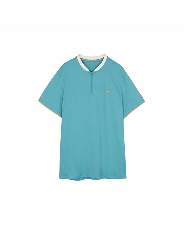 Nox Sport heren T-shirt met korte mouwen voor tennis in turquoiseblauw, sport en outdoor kleding, close-up van het shirt.
