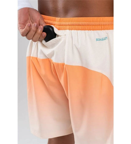 Men's Nox Sport tennis sport shorts in bright orange with black accents, designed for active outdoor tennis play.